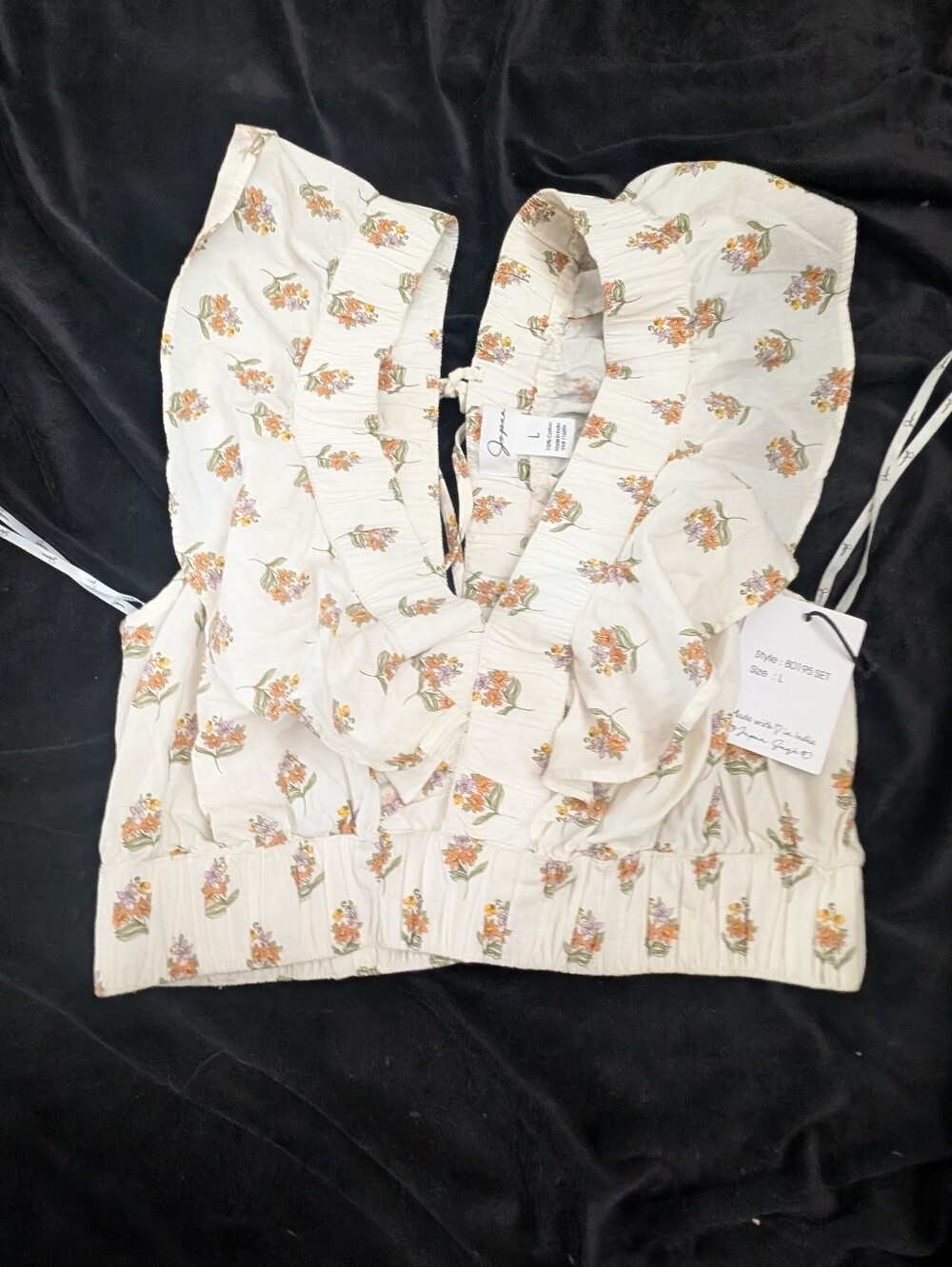 Japna Cream Floral Ruffle Smocked Crop Top